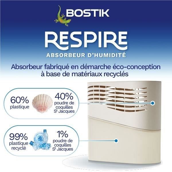 Absorbeur d'humidité - BOSTIK - Respire - Jusqu'a 25 m² - 2 recharges sans parfum - 2 x 250 g