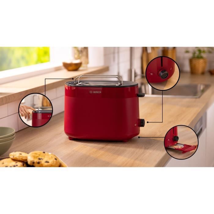 Toaster - BOSCH - TAT2M124 MyMoment - Rouge - 2 tranches - centrage automatique du pain - fonctions décongélation et réchauffage