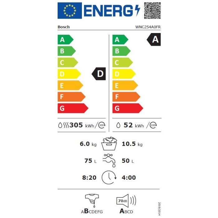 Lave-linge séchant BOSCH WNC254A0FR SER8 - 10,5 / 6 kg - Induction - L60cm - 1400 trs/min - Idos - Blanc