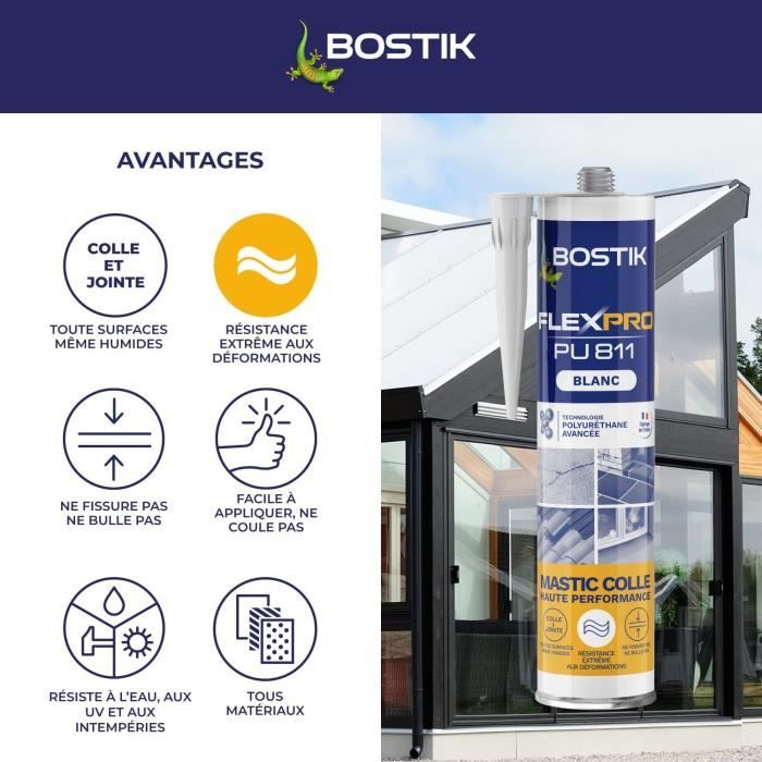 Mastic colle/joint - BOSTIK - Flexpro PU811 - Tous matériaux - Intérieur/extérieur - Blanc - 300 ml