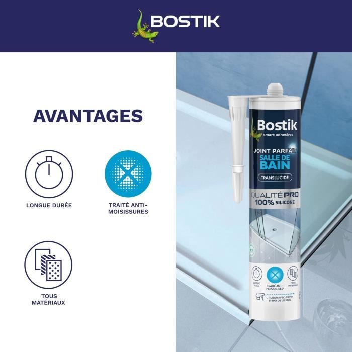 Mastic salle de bain - BOSTIK - Joint Parfait - Étanchéité silicone - Anti moisissures - Transparent - 280 ml