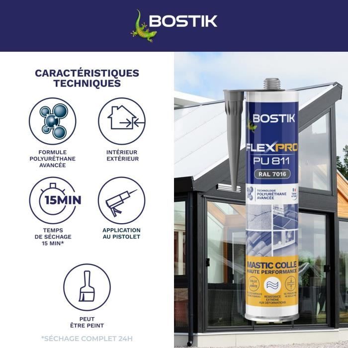 Mastic colle/joint - BOSTIK - Flexpro PU811 - Tous matériaux - Intérieur/extérieur - Anthracite RAL7016 - 300 ml