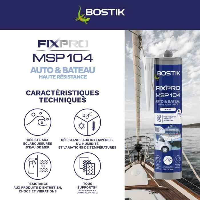 Mastic auto/bateau - BOSTIK - Fixpro MSP 104 - Colle et joint - Résiste intempéries et eau de mer - Blanc - 290 ml