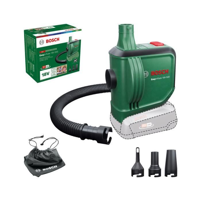 gonfleur sans fil BOSCH Easyinflate 18V-500 livré avec 3 buses a air, tuyau 50 cm, sac textile sans batterie ni chargeur 0603947200