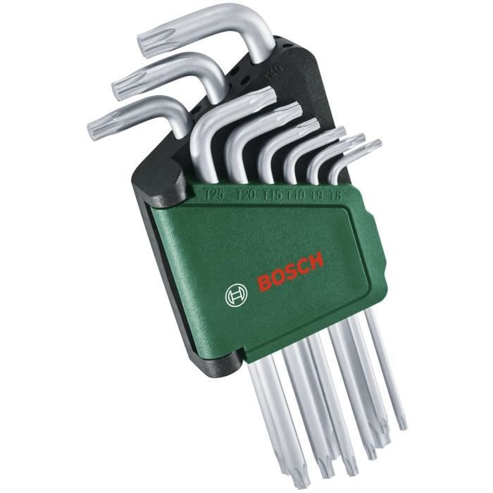 Bosch Set de 9 clés Torx (clés multitâches en acier S2 TX8-TX40 côté long surface antirouille, barrette de rangement)