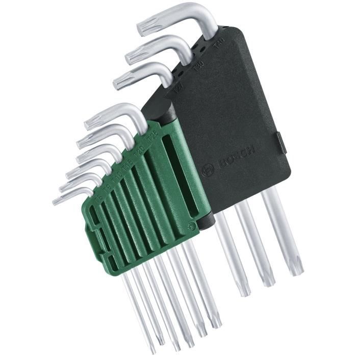Bosch Set de 9 clés Torx (clés multitâches en acier S2 TX8-TX40 côté long surface antirouille, barrette de rangement)