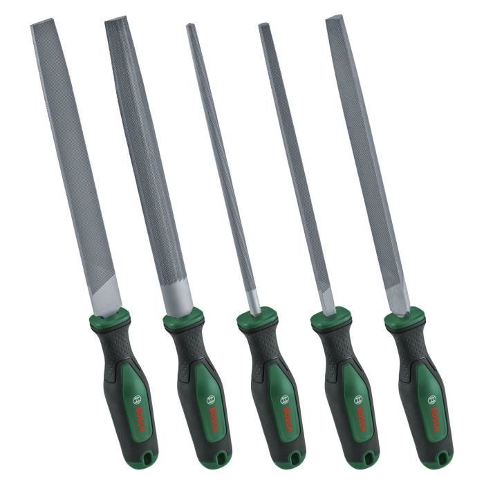 Bosch Set de 5 limes (limes ronde/demi-ronde/plate/triangulaire/carrée acier au carbure dur course moyenne 2 Softgrip)