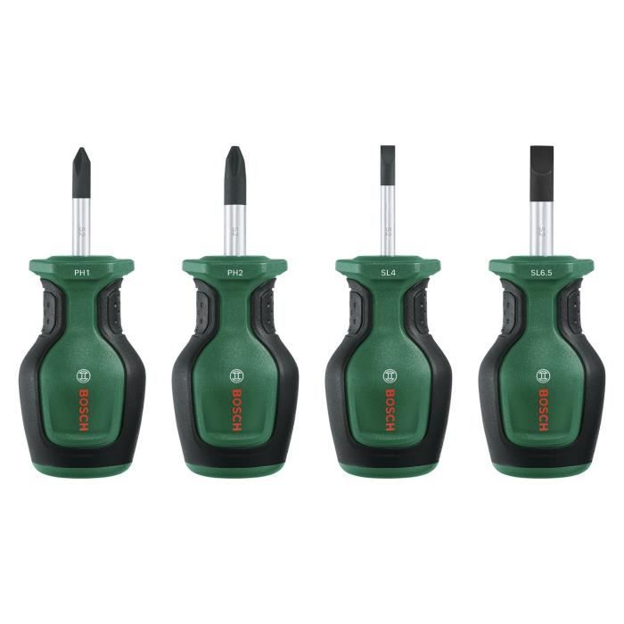 Bosch Set de 4 tournevis courts (compacts pour vissage dans espaces restreints embout magnétique)