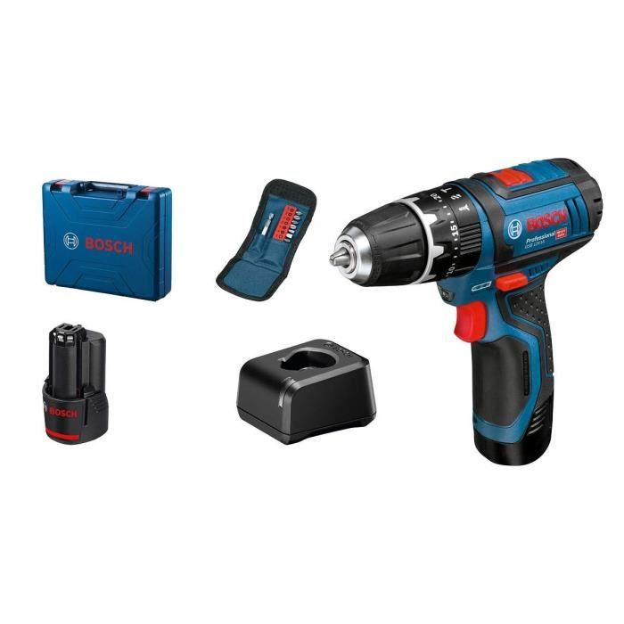 Perceuse-visseuse a percussion Bosch Professional GSB 12V-15 + 10 accessoires + 2 batteries 2,0Ah + Coffret