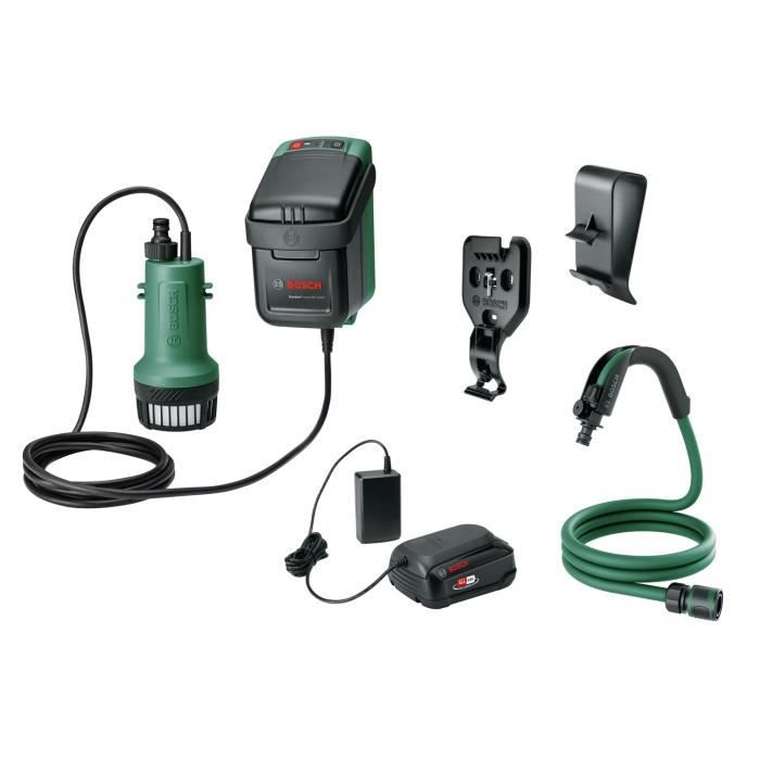 Pompe submersible Bosch - GardenPump 18V-2000 (avec fixation murale et de réservoir et tuyau d'arrosage de 2,5 m)