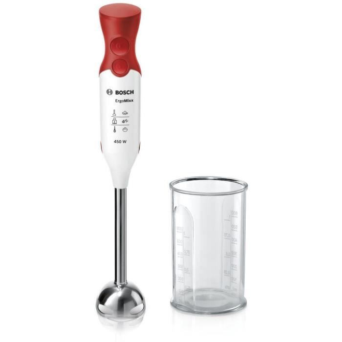Mixeur plongeant BOSCH ErgoMixx MSM64110 - 450W - Pied inox - 4 lames aiguisÈes - 2 vitesses - Bol graduÈ 600ml - blanc/rouge