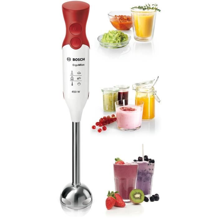 Mixeur plongeant BOSCH ErgoMixx MSM64110 - 450W - Pied inox - 4 lames aiguisÈes - 2 vitesses - Bol graduÈ 600ml - blanc/rouge