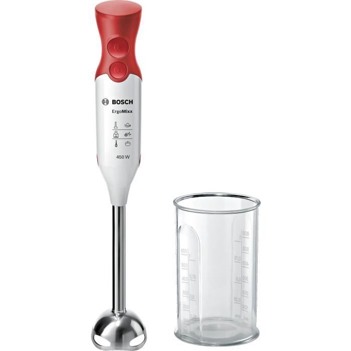 Mixeur plongeant BOSCH ErgoMixx MSM64110 - 450W - Pied inox - 4 lames aiguisées - 2 vitesses - Bol gradué 600ml - blanc/rouge