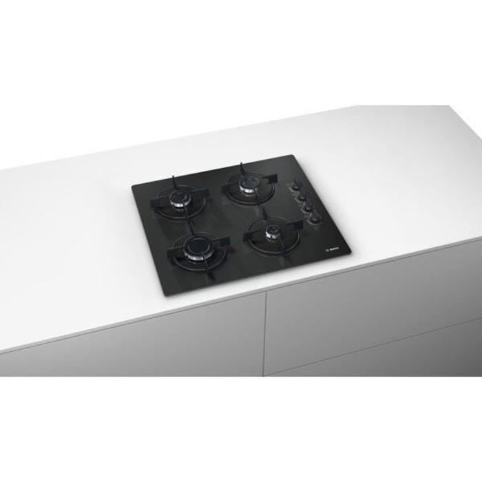 BOSCH POP6B6B10 Plaque de cuisson gaz - 4 foyers - 7400W - L56 x P48cm - Revetement verre trempÈ - Noir