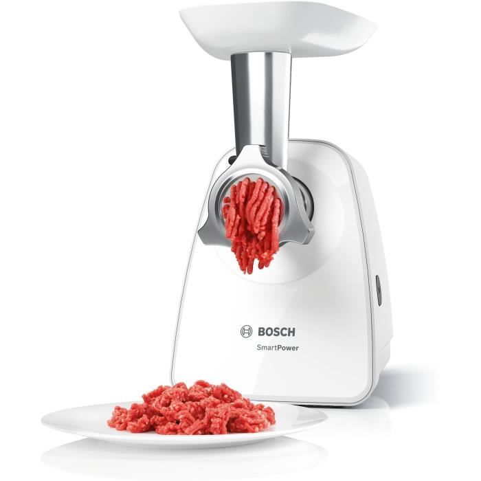 Hachoir a viande SmartPower - BOSCH - MFW2520W - 2 grilles de hachoir - Garnisseur de saucisses - Blanc