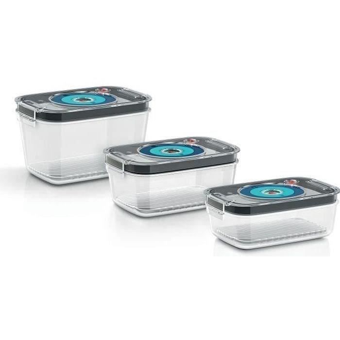 BOSCH - 3 boites de conservation sous vide hermétiques : 0,7L, 1,0L et 1,5L - Bac d'égouttement - Indicateur jour et mois - Tritan