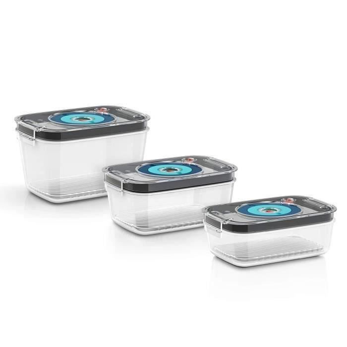 BOSCH - 3 boites de conservation sous vide hermétiques : 0,7L, 1,0L et 1,5L - Bac d'égouttement - Indicateur jour et mois - Tritan