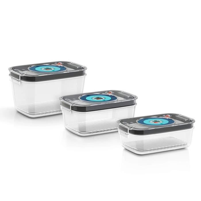 BOSCH - 3 boites de conservation sous vide hermétiques : 0,7L, 1,0L et 1,5L - Bac d'égouttement - Indicateur jour et mois - Tritan