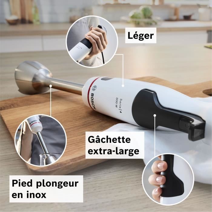 Mixeur plongeant - BOSCH - MSM4W221 - 600 W - 4 lames aiguiseés - Bol mélangeur - Mini hachoir - Fouet - Engrenage céramique