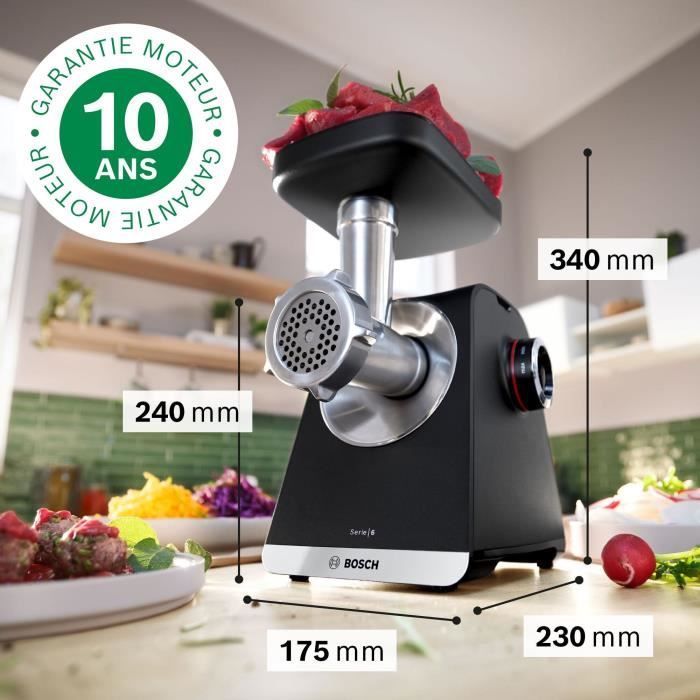 Hachoir a viande BOSCH Série 6 MFWS640B - 500 W - 3,5 kg/mn - 3 grilles de hachoir - Noir