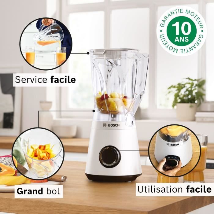 Blender VitaPower - BOSCH - MMB6141W - 1200 W - 30000 trs/min - 2 vitesses + turbo - Bol 2 L - 4 lames amovibles - Blanc