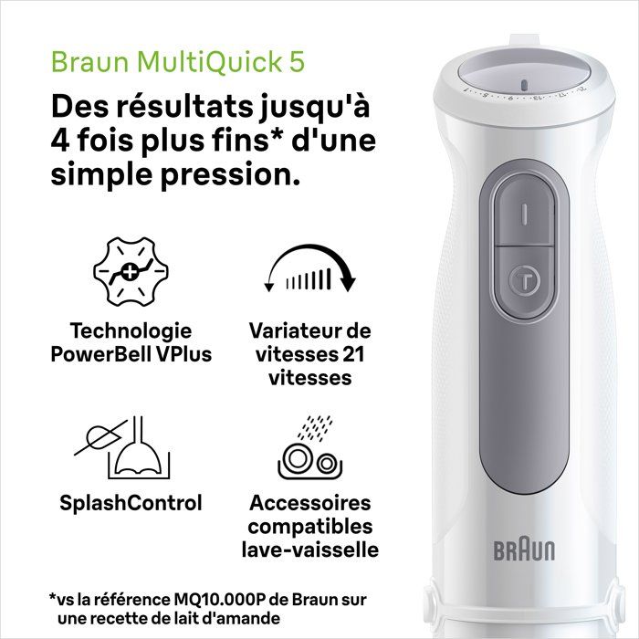 Mixeur plongeant - BRAUN - MultiQuick 5 - 1000 W - 21 vitesses - Gobelet 600 ml - Mini hachoir - Fouet - Blanc