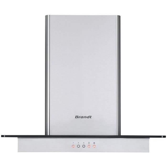 Hotte dÈcorative murale BRANDT BHB1644IX - 60cm - Evacuation & recyclage - Inox + Verre - 552 m3/h