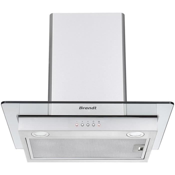 Hotte décorative murale BRANDT BHB1644IX - 60cm - Evacuation & recyclage - Inox + Verre - 552 m3/h