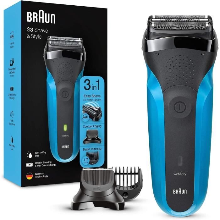 Rasoir Èlectrique sans fil BRAUN Series 3 Shave & Style - 3 lames flexibles - 5 sabots - Noir/Bleu