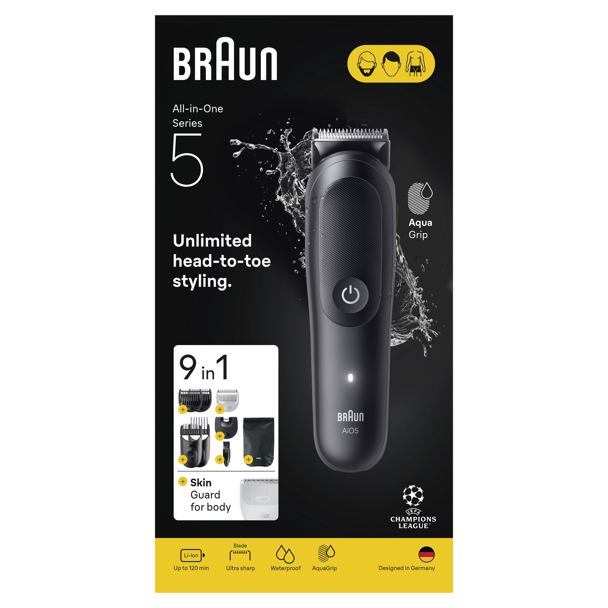 Tondeuse cheveux et barbe - Série 5- BRAUN - AIO5540 - 120 min - 14 réglages - Noir