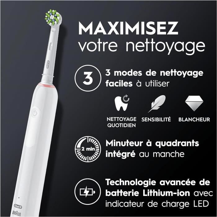 Brosse a Dents …lectrique Oral-B Pro 3 3000 Blanche - 2 Brossettes - Tete Ronde - 3 Modes de Brossage
