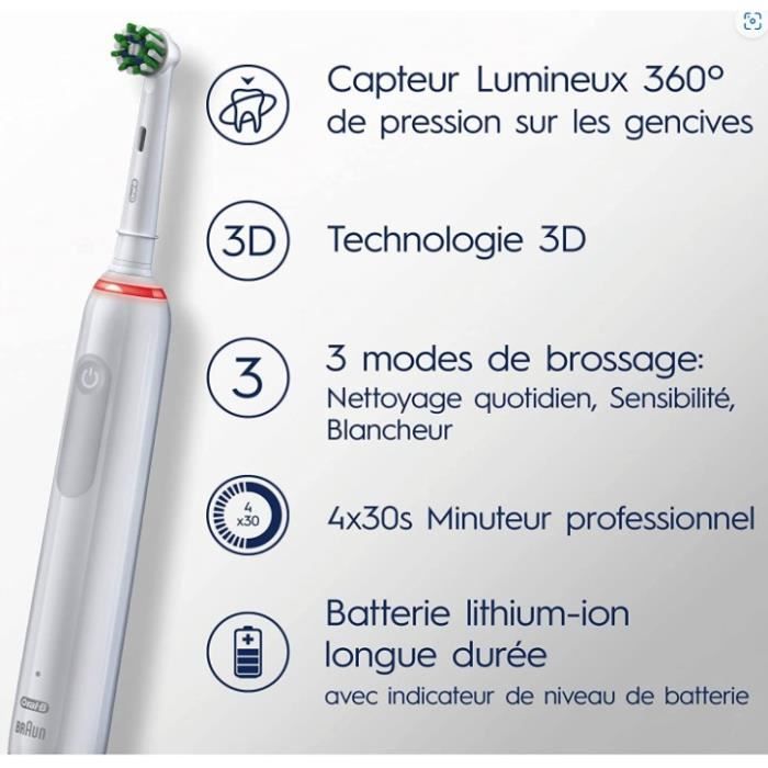 Brosse a Dents …lectrique Oral-B Pro 3 3000 Blanche - 2 Brossettes - Tete Ronde - 3 Modes de Brossage