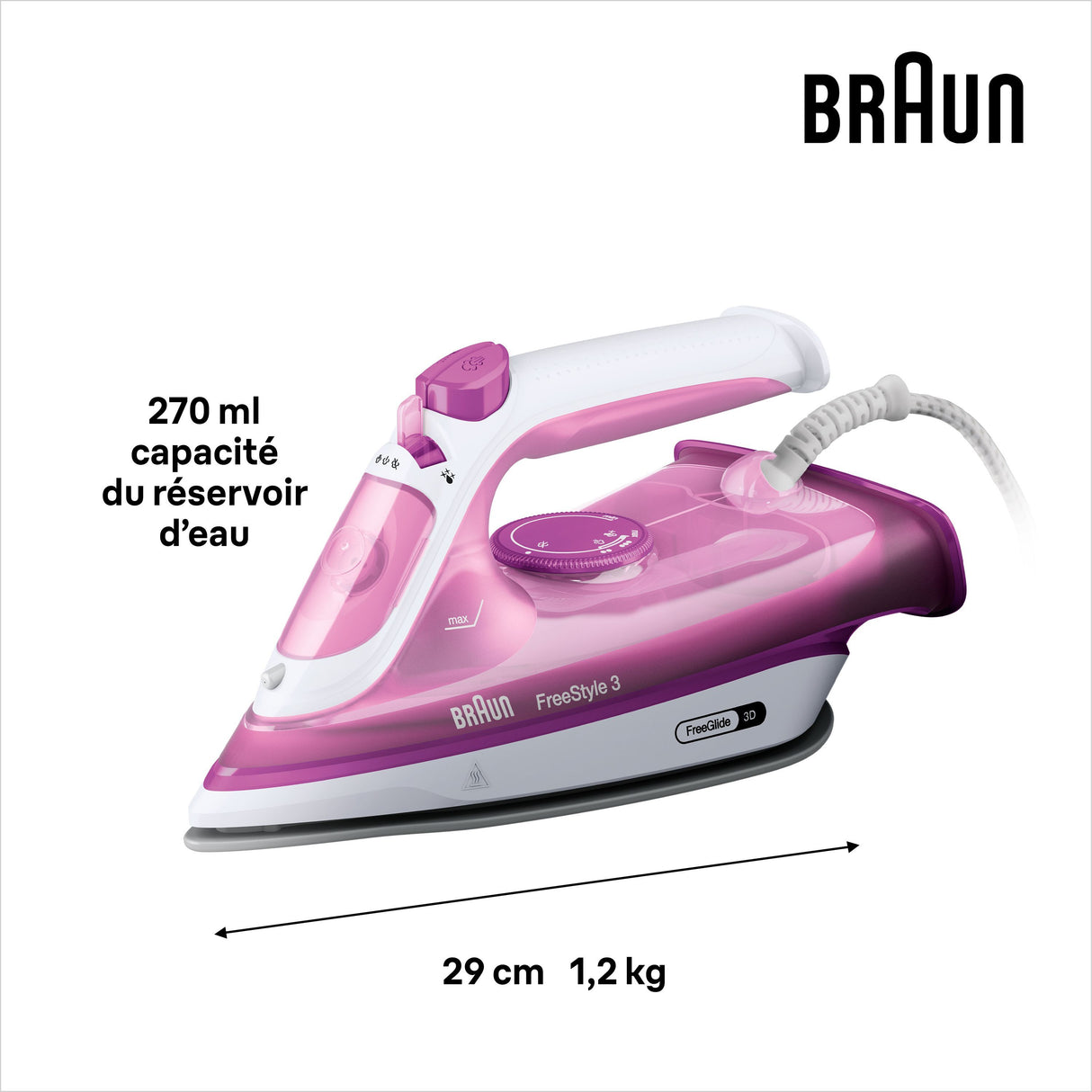 Fer vapeur - BRAUN - FI3124PU Freestyle 3 - Puissance 2400 W - Semelle SuperCéramic - Réservoir d'eau 270 ml - Auto-nettoyant