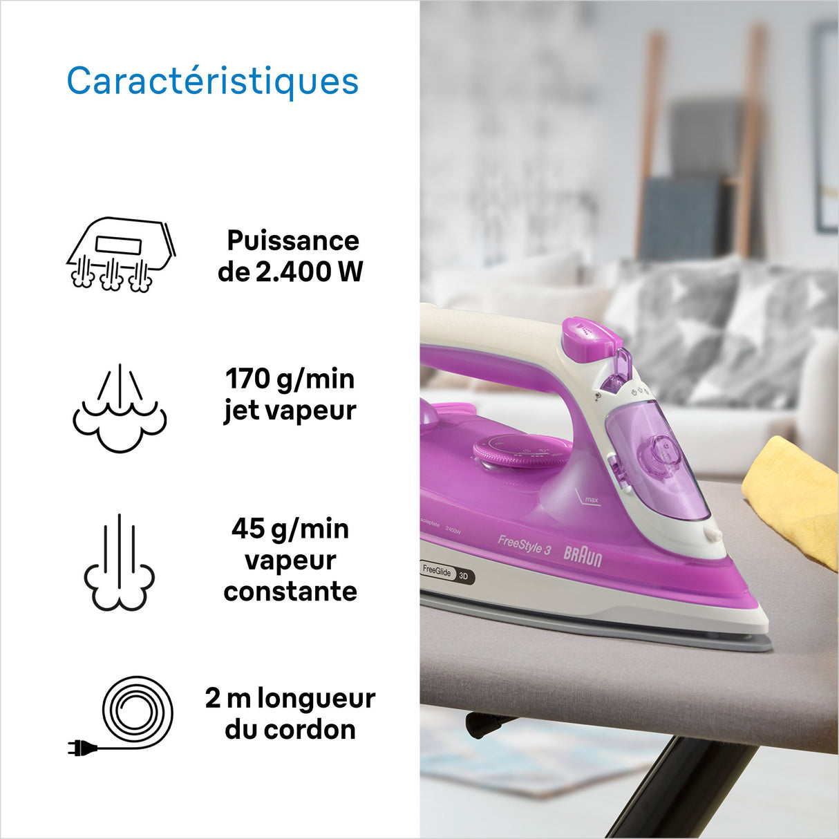 Fer vapeur - BRAUN - FI3124PU Freestyle 3 - Puissance 2400 W - Semelle SuperCéramic - Réservoir d'eau 270 ml - Auto-nettoyant