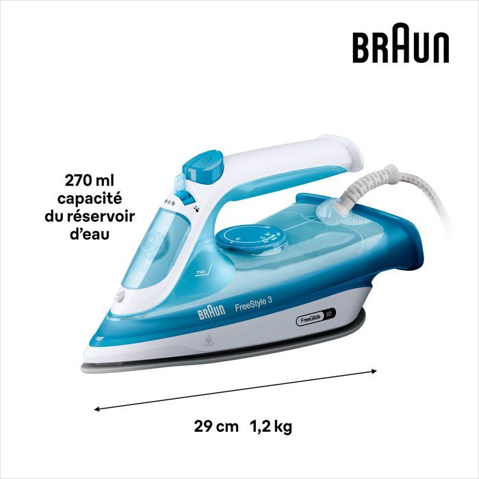 Fer a vapeur BRAUN FI3144 BL FreeStyle 3 - Semelle SuperCeramic - Puissance 2400 W - Vapeur constante 45 g/min