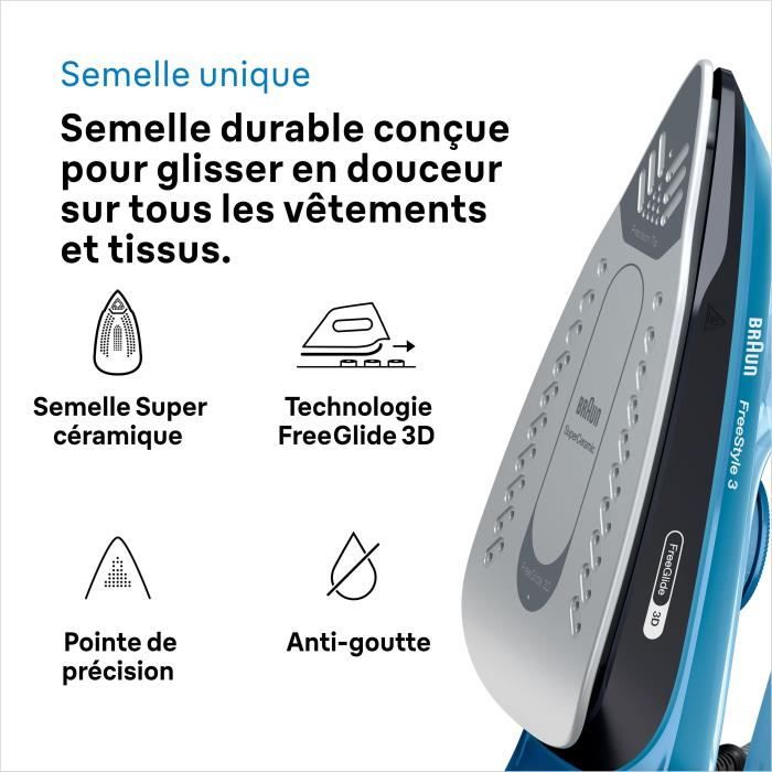 Fer vapeur - BRAUN - FI3194BK FreeStyle 3 - Puissance 2400 W - Vapeur constante 45 g/min Pressing 200g/min - Semelle SuperCeramic