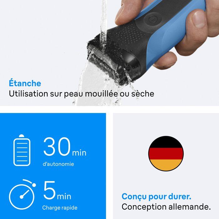 Rasoir électrique BRAUN Series 3 - Bleu et noir - Autonomie 30 minutes - Charge rapide 5 minutes