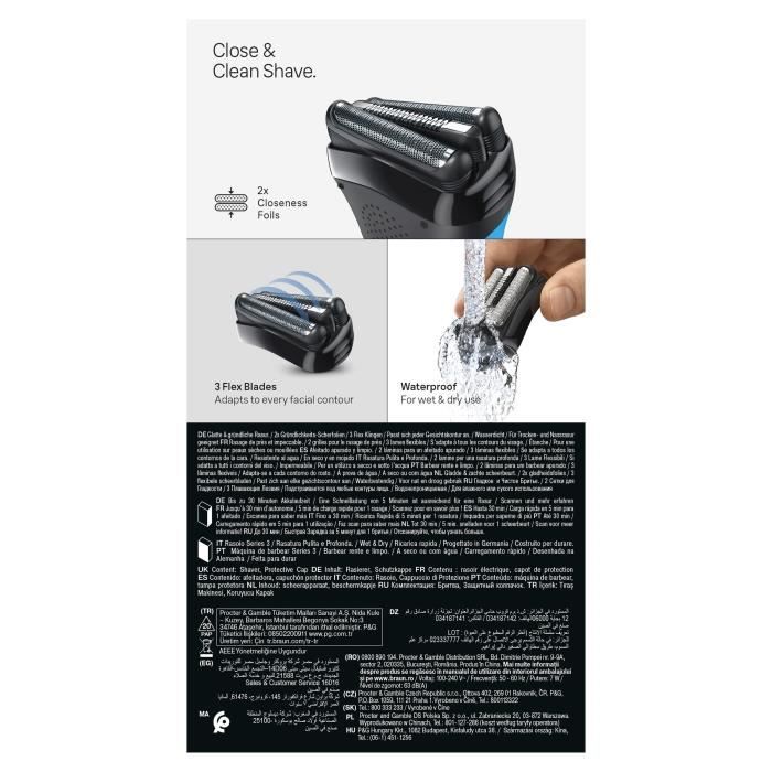 Rasoir électrique BRAUN Series 3 - Bleu et noir - Autonomie 30 minutes - Charge rapide 5 minutes