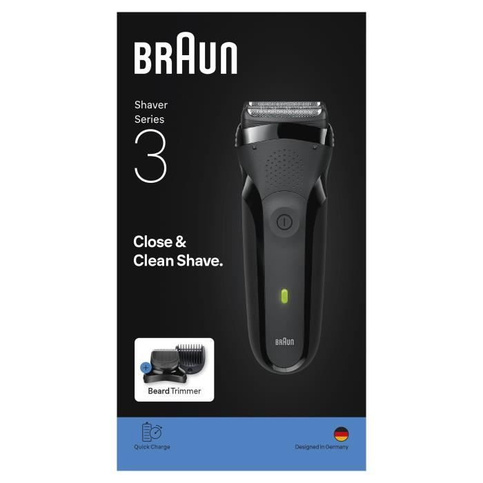 Rasoir électrique BRAUN Series 3 - Noir - Autonomie 30 minutes - Charge rapide 5 minutes