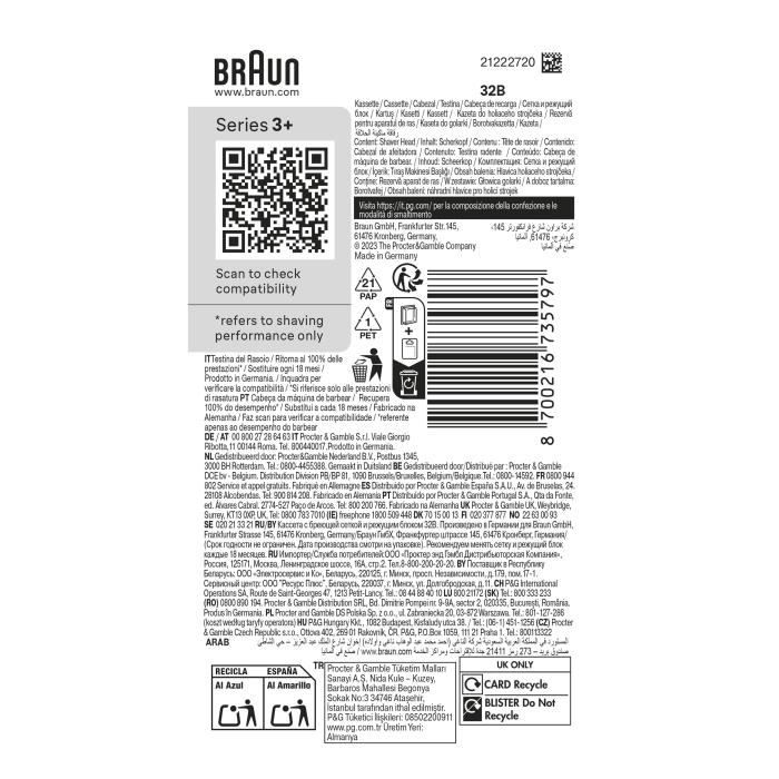 Tete de rasoir BRAUN Series 3+ - 2 grilles - Peigne MicroComb - 100 % fabriqué en Allemagne