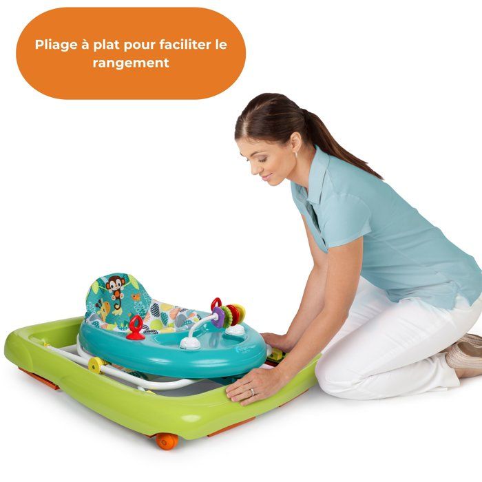 BRIGHT STARTS Trotteur bébé pliable- Safari- Jouets interactifs, Hauteur Réglable, cadeau bébé 6M+