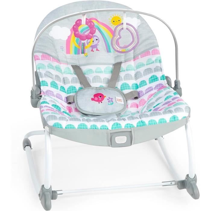 BRIGHT STARTS Transat bébé évolutif Arc-en-Ciel, rose, Vibrations apaisantes, 2 positions d'inclinaison, jusqu'a 30 mois