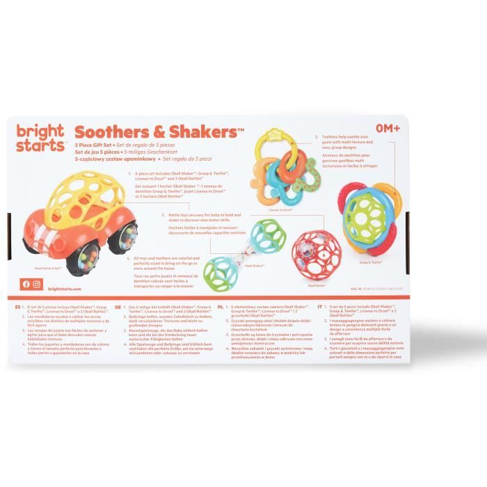 BRIGHT STARTS Coffret cadeau naissance bébé, bapteme, Noel, 0 a 24 mois, 5 jouets O BAll, hochet, voiture, anneau de dentition