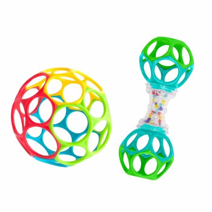 BRIGHT STARS Coffret cadeau de naissance O'Ball avec 2 jouets bébé: un hochet et une O Ball Classique rouge, jaune bleu et vert