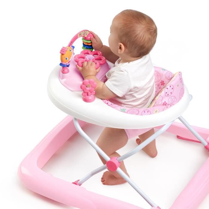 BRIGHT STARTS Trotteur pour bébé fille évolutif et pliable 2-en-1 - Jardin Rose - Cadeau Noel bébé, Musique, Hauteur Réglable