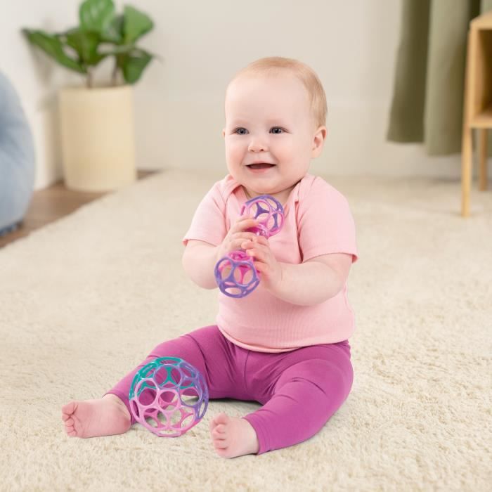 BRIGHT STARTS Coffret cadeau de naissance fille O'Ball avec 2 jouets bébé: un hochet et une O Ball Rose, Violet, Turquoise