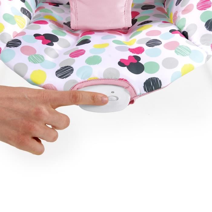 DISNEY BABY -MINNIE- Transat bébé Confettis, Arche avec jouets d'éveil amovibles, Vibrations apaisantes, Lavable en machine