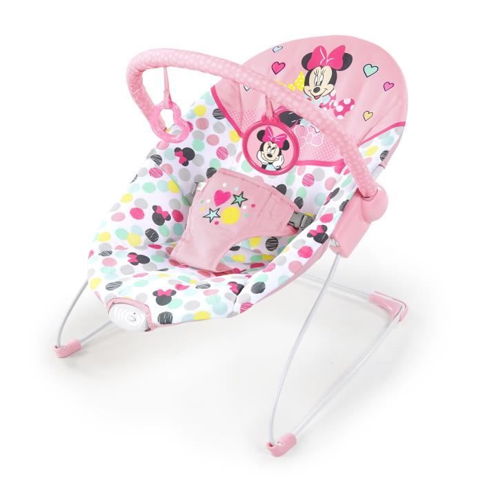 DISNEY BABY -MINNIE- Transat bébé Confettis, Arche avec jouets d'éveil amovibles, Vibrations apaisantes, Lavable en machine