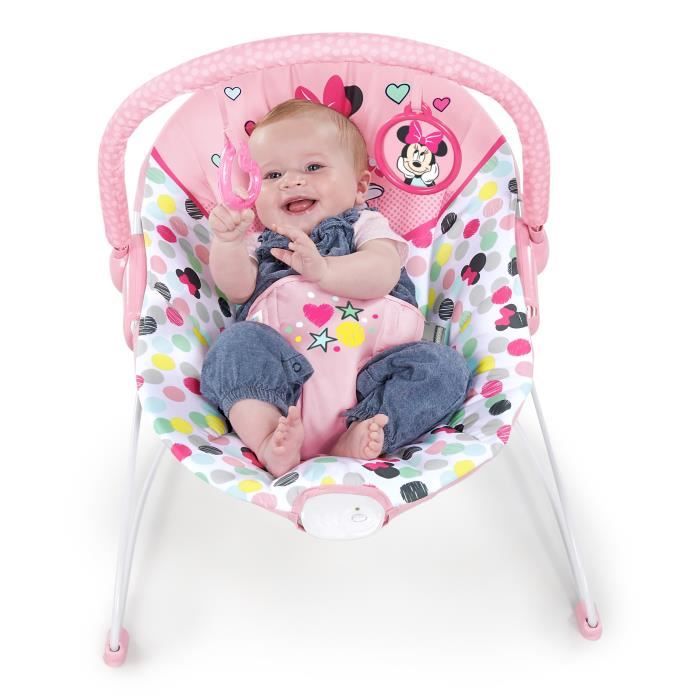 DISNEY BABY -MINNIE- Transat bébé Confettis, Arche avec jouets d'éveil amovibles, Vibrations apaisantes, Lavable en machine