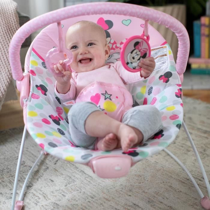 DISNEY BABY -MINNIE- Transat bébé Confettis, Arche avec jouets d'éveil amovibles, Vibrations apaisantes, Lavable en machine